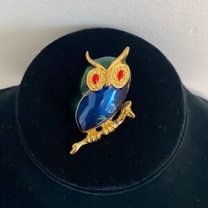 Gold Tone Metal Blue & Green Enamel Owl Brooch